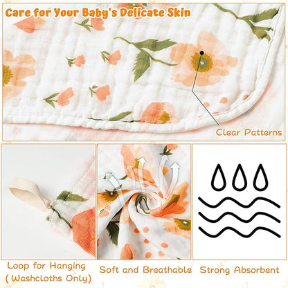 Zainpe 4Pcs Muslin Baby Hooded Towel & Washcloth Set Flowers 31.5 X 31.5 in