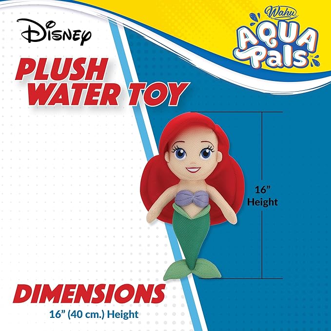 Wahu Aqua Pals Disney Classic Ariel Plush Water Toy for Kids Ages 2+ with AquaDry™ Technology, Washable Plush Doll Toy for Pool and Bathtub