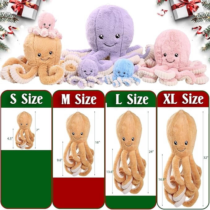 DENTRUN Octopus Stuffed Animals, Giant Octopus Plush Doll Play Toys for Kids Girls Boys Adults Birthday Xmas Halloween Present Stuffed Sea Animals Plushie 7/16/24/32 Inches, 5 Colors