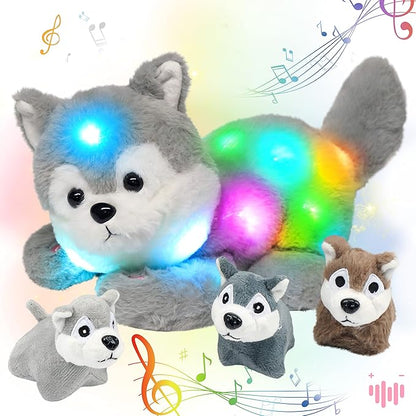 Hopearl LED Musical Stuffed Husky Lighting Up Singing Plush Toy Playset Mommy Dog with 3 Baby Puppies in her Tummy Lullaby Animated Soothe for Mom Toddler Girls, Gray 17''