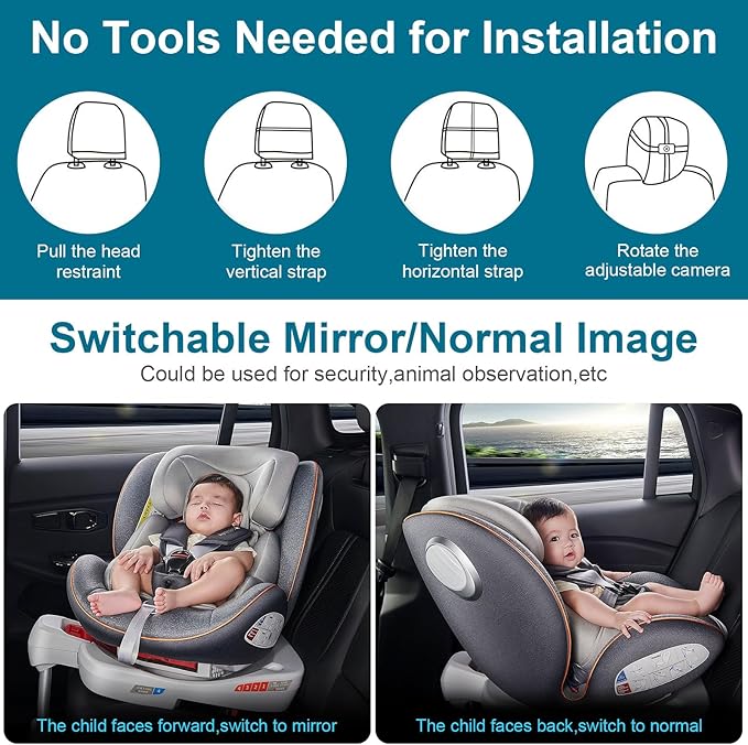 DoHonest Baby Car Camera 7-Inch: USB Plug and Play Easy Setup 360 Degree Rotating Backseat Camera Two Kids HD 1080P Rear Facing Car Seat Camera Clear Night Vision -V9 Black