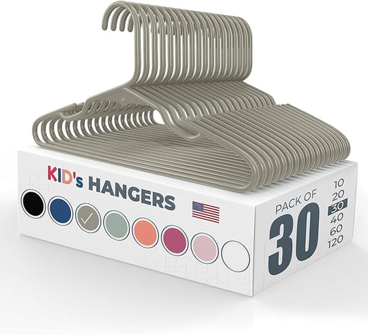 30pk Made in USA Baby Hangers | Kids Hangers for Children's Clothes, Toddler Outfits and Clothing | 20 50 100 Pack Available | Kid Plastic Hanger for Closet and Nursery | Child Kid Hangars (Gray)