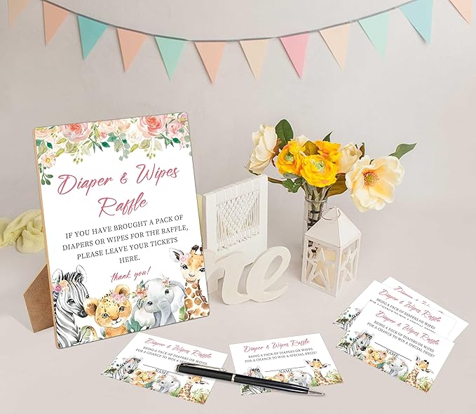 Diapers Wipes Raffle, Floral Animals Diaper Raffle Tickets for Baby Shower 1 Wooden 50 Diaper