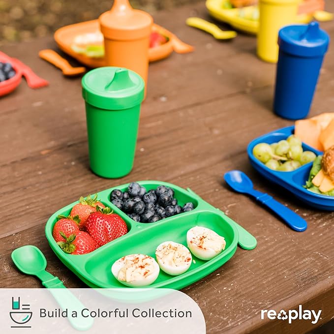 Re-Play Made in USA 7" Deep Walled Divided Plates for Kids, Set of 3 With 3 Lids - Reusable 3 Compartment Plates, Dishwasher and Microwave Safe - 7.37" x 7.37" x 1.25", Butterfly