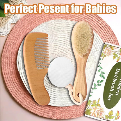 Wooden Baby Hair Brush and Comb Set, 3Pcs Natural Soft Goat Bristles Brush Cradle Cap Comb Baby Shower Scrubber Perfect Scalp Grooming Product for Newborn, Toddler, Infant (White)