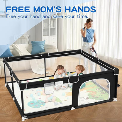 Suposeu Large Baby Playpen with Mat, Portable Baby Fence Area with Gate, Toddlers and Pets Play Yard with Non-Slip Mat, Safety Fence for Indoor and Outdoor Use(71x59 Inches, Black)