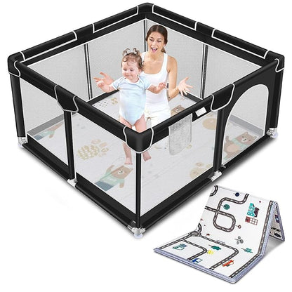 Suposeu Baby Playpen with Anti-Slip Mat for Indoor and Outdoor Playard Kids Activity Center with Gate, Portable Baby Fence Area for Babies and Toddlers, Black