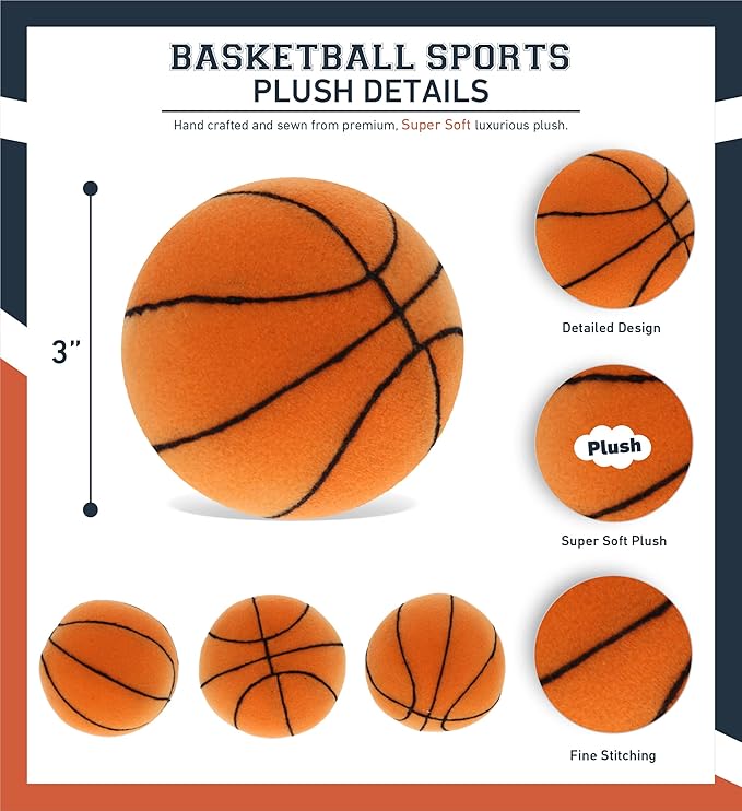 DolliBu Sports Plush Ball - Small Stuffed Basketball Plush, Soft Squishy Ball Toy for Playtime 3 Inches