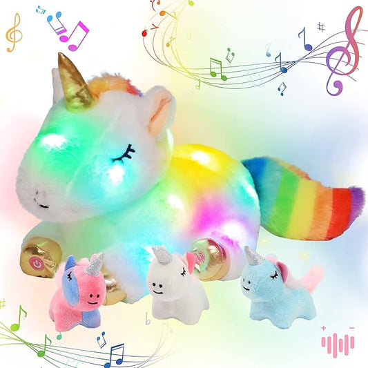 Hopearl LED Musical Stuffed Unicorn Playset Lighting Up Singing Plush Toy Mommy Unicorn with 3 Baby Unicorns in her Tummy Adjustable Volume Lullaby Animated Soothe Gifts for Kids Girls, White 19''