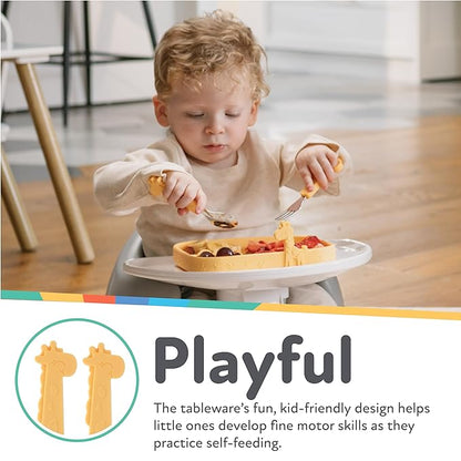Nuby Animal Friends Silicone and Stainless Steel Fork and Spoon Set - 12+ Months - Yellow Giraffe