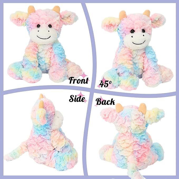 Hopearl Adorable Plush Cow Toy Colorful Floppy Dairy Cattle Soft Stuffed Animal Cute Birthday for Boys Girls Kids Toddlers, Rainbow 9''
