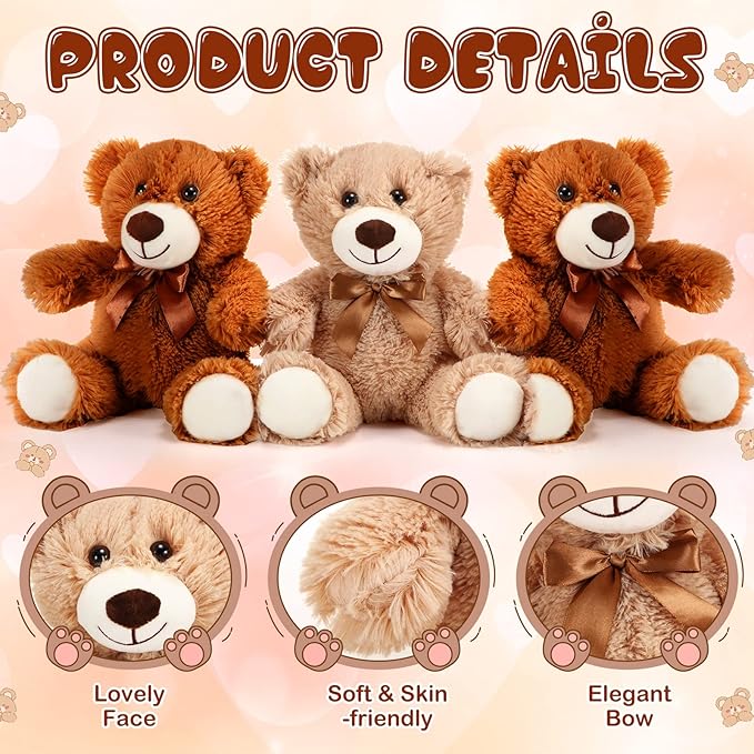 Libima 6 Pcs Operation Valentine's Day Bear Stuffed Animal Plush Toys 14 Inch Soft Bear Plush Dolls Bear Sleeping and Playing Toys for Baby Shower Decorations Boys Girls, Brown