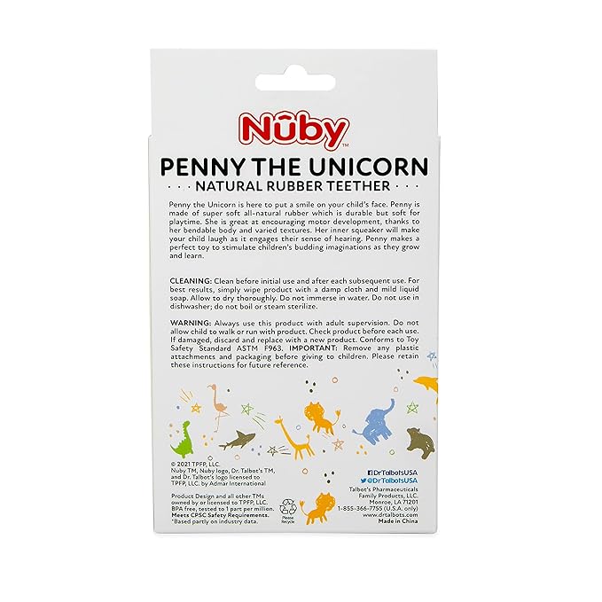 Nuby Penny The Unicorn Super Soft Teether Toy with Squeaker, 100% Natural