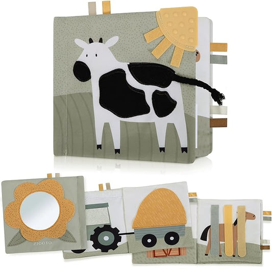 Soft Baby Book with Touch and Feel Pages - Cute Sensory Book for Babies 0-6 Months with Textured Farmworld, Mirror & Crinkle Paper