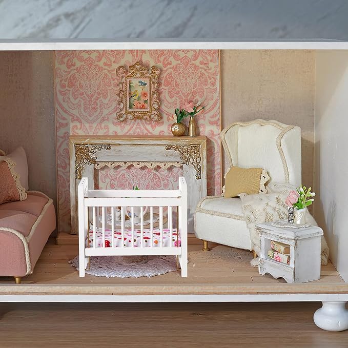 Vaguelly Dollhouse Baby Crib 1:12 Mini Crib Toy,Miniature Crib Dollhouse Mini Furniture Cradle