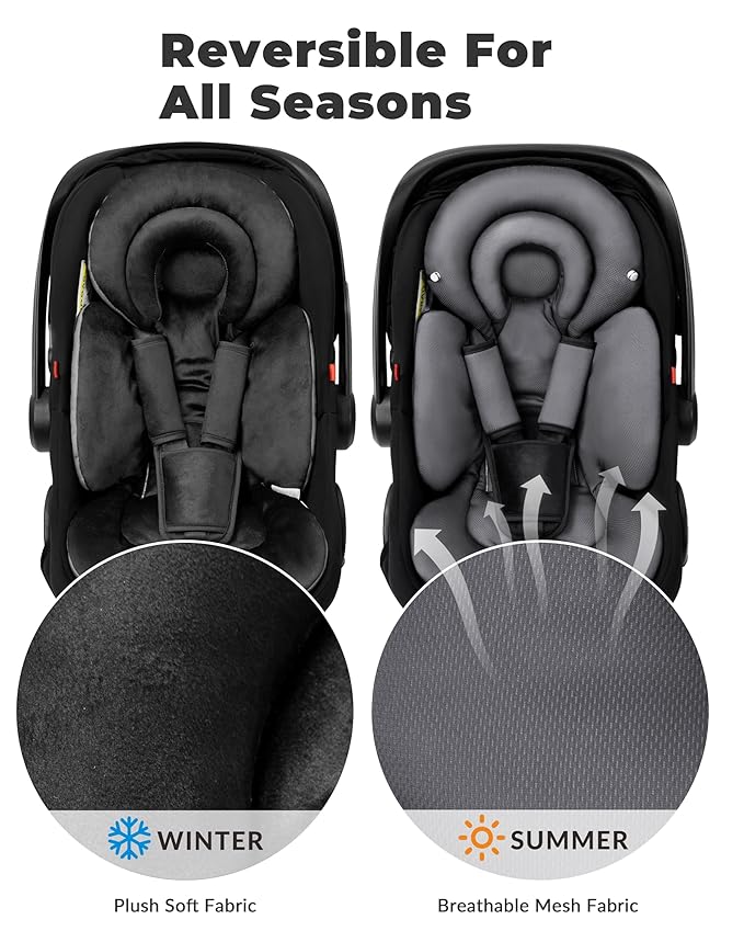 Infant Car Seat Insert with Extra Cushion for Preemie to Infants, Reversible Newborn Carseat Insert Head Support, Fits for Stroller, Baby Swing, Rocker, Bassinets, Pushchair (Pure Black)