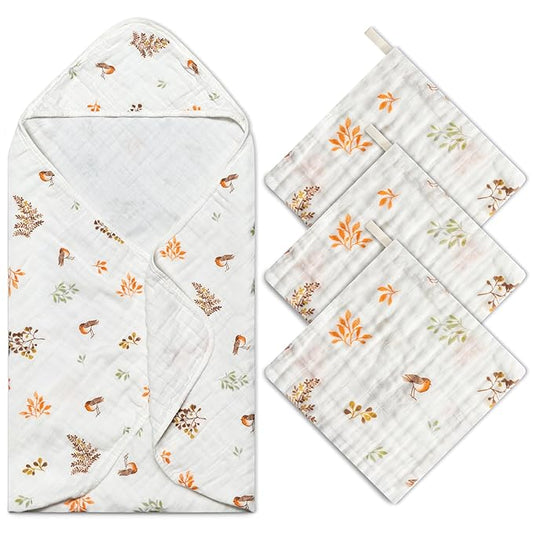 Zainpe 4Pcs Muslin Baby Hooded Towel & Washcloth Set Leaves 31.5 x 31.5 in