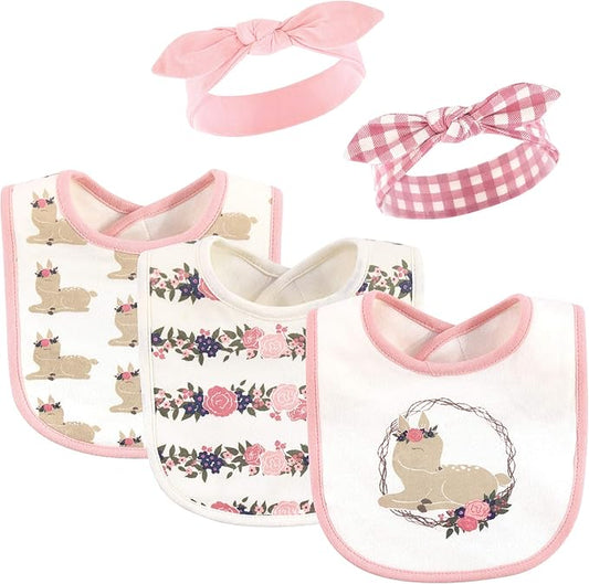 Hudson Baby Unisex BabyCotton Bib and Headband or Caps Set