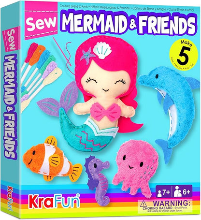 KRAFUN Mermaid Sea Animals Beginner Sewing Kit for Kids Art & Craft kit, Includes 5 Soft Plush Dolls, Instructions & Felt Materials for Learn to Sew, Embroidery Skills, Gift for Girls Educational