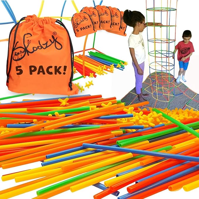 Skoolzy Straw Constructor STEM Building Toys 200+ Piece Set - Durable Interlocking Plastic Educational Toys for Toddlers to Develop Fine Motor Skills Engineering Learning Building Blocks 5 Pack