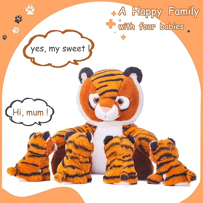 IKASA Mommy Tiger Stuffed Animal Mom and Baby Plush Toy,Cute 11” Soft Small Fluffy Mama Tiger Family Set Cuddly Huggable Toy with Little Mini Babies
