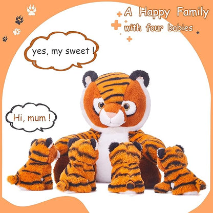 IKASA Mommy Tiger Stuffed Animal Mom and Baby Plush Toy,Cute 11” Soft Small Fluffy Mama Tiger Family Set Cuddly Huggable Toy with Little Mini Babies
