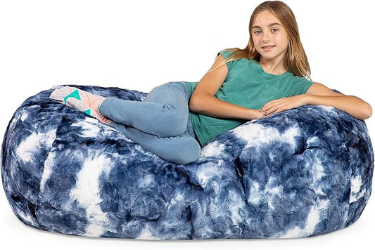 Jaxx Sofa Saxx Bean Bag Couch - 4 Foot - Faux Fur, Blue & White Print