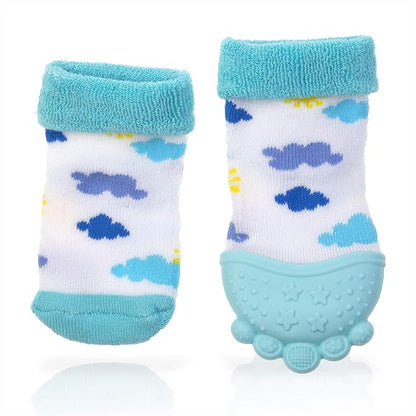 Nuby Soothing Teether Sock, Sky Blue Clouds 5"
