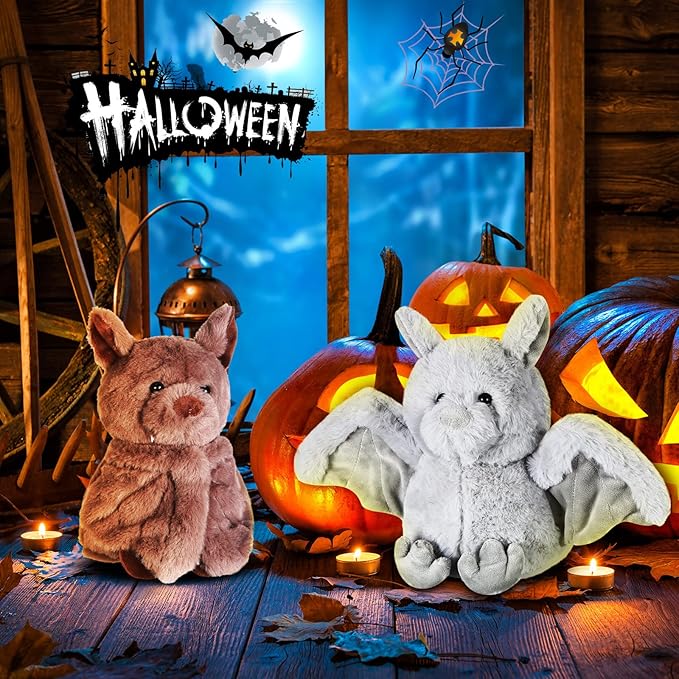 Zhanmai 2 Pack 10 Inches Halloween Bat Plush Cute Bat Stuffed Animal Furry Bashful Bat Toy PP Cotton Soft Bat Plush Doll Toy for Adults Teen Birthday Gifts, Grey
