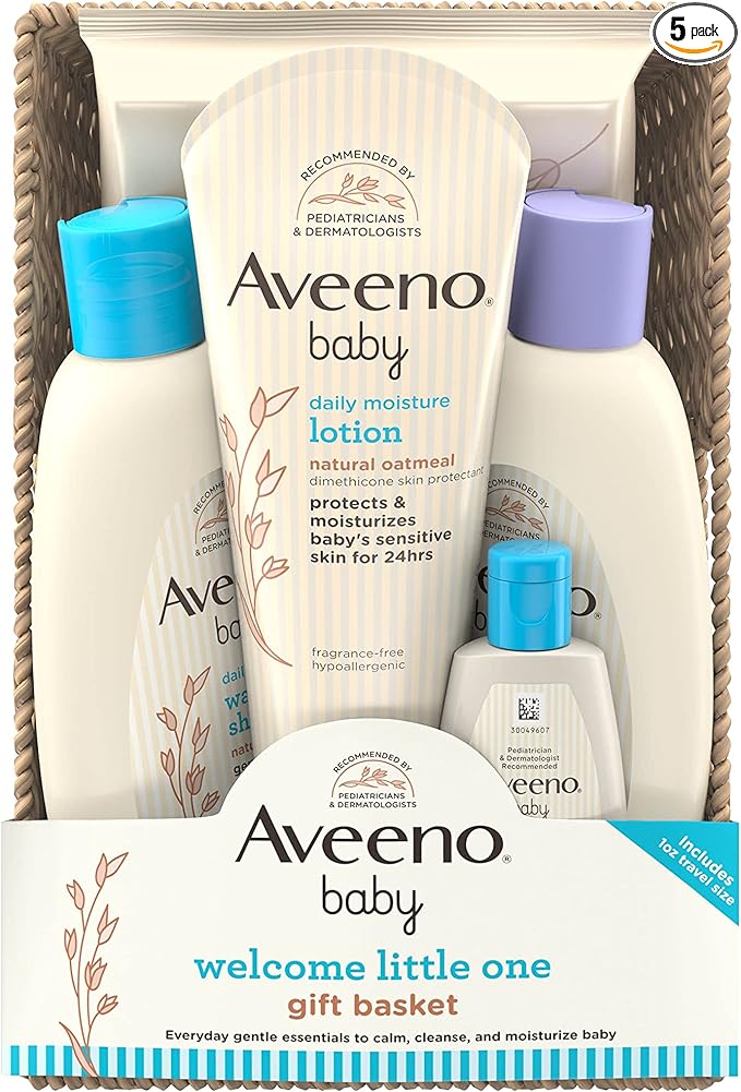 Aveeno Baby Welcome Little One Gift Basket, Baby Skincare Set with Baby Body Wash & Shampoo 5 Items