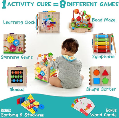 HELLOWOOD Wooden Baby Activity Cube, 8-in-1 Montessori Toys for 1+ Year Old Girls & Boys 1-3, 1st
