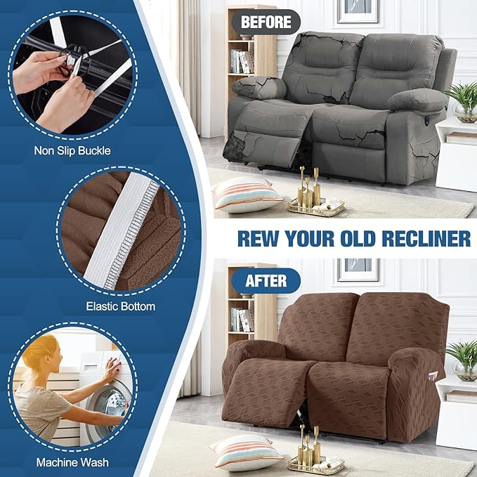TAOCOCO Recliner Loveseat Cover, Stretch Jacquard Reclining Loveseat Cover Furniture Protector Sofa Slipcovers 2 Seat Recliner Covers with Elastic Bottom for Kids, Pets(Brown)