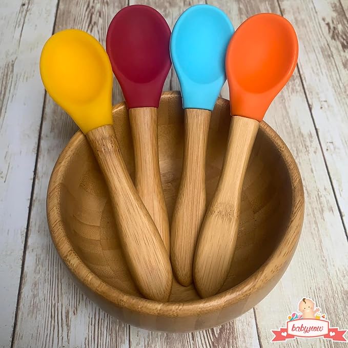 Babynow Bamboo Baby Spoons Self-Feeding Supplies for 6+ Months Babies & Toddlers in Bamboo & Soft Tip Designs ORANGE Pack of 2