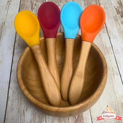 Babynow Bamboo Baby Spoons Self-Feeding Supplies for 6+ Months Babies & Toddlers in Bamboo & Soft Tip Designs ORANGE Pack of 2