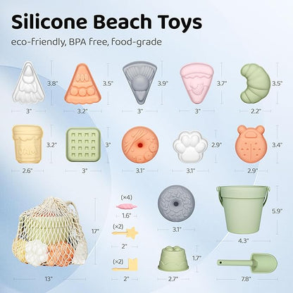 ISSEVE 23Pcs Beach Toys Set for Kids Toddlers Girls, Silicone Sand Toys Include Sand Bucket 12 Sand 3-12 (Tender