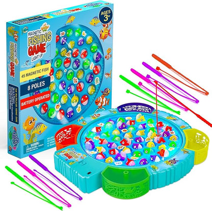 IPIDIPI TOYS Fishing Game for Kids, Light Up Magnetic Fishing Game for Toddlers - 45 Fish 8 Poles