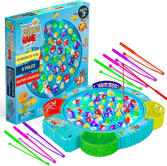 IPIDIPI TOYS Fishing Game for Kids, Light Up Magnetic Fishing Game for Toddlers - 45 Fish 8 Poles