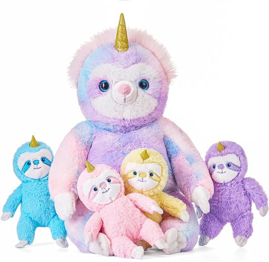 IKASA Mommy Sloth Stuffed Animal Mom and Baby Plush Toy,Cute 20" Soft Small Fluffy Mama Family Set Toy with Little Mini Babies
