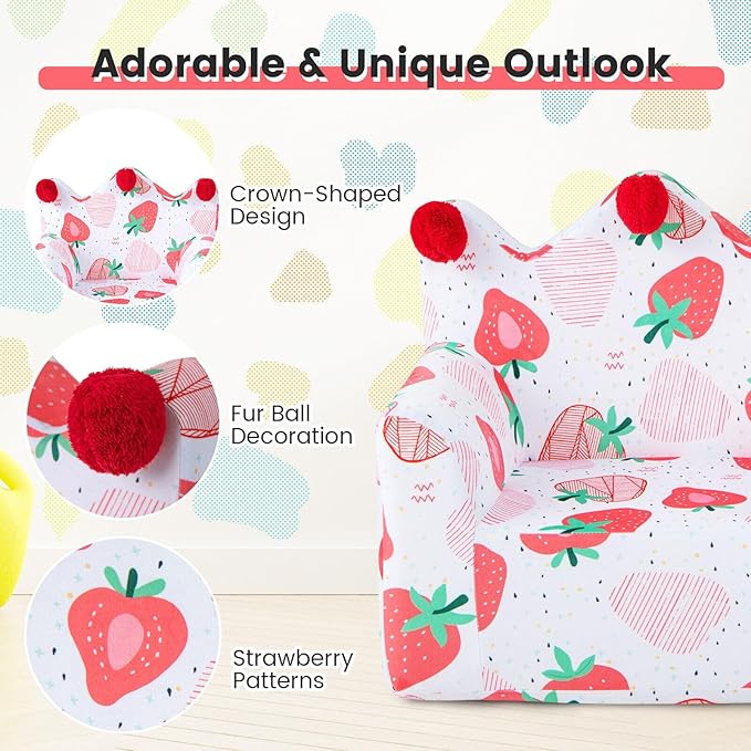 Costzon Kids Couch, Foam Filled Children's Sofa Armchair w/Padded Pillow, Washable Velvet Cover & Soft Sponge Filling, Upholstered Sofa Chair Gift for Preschool, Playroom, Toddler Couch (Strawberry)