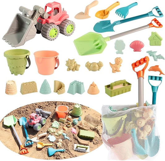 24 Pieces Beach Sand Toys Set, Collapsible Beach Toys Includes Bulldozer 3+