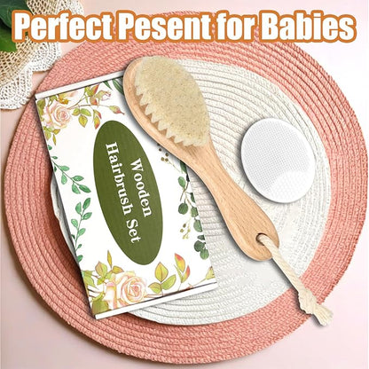 Wooden Soft Goat Bristles Brush with Baby Silicone Hair Scrubber Cradle Cap Brush for Newborn, Toddler, Infant, Baby Hair Care Kit (White)