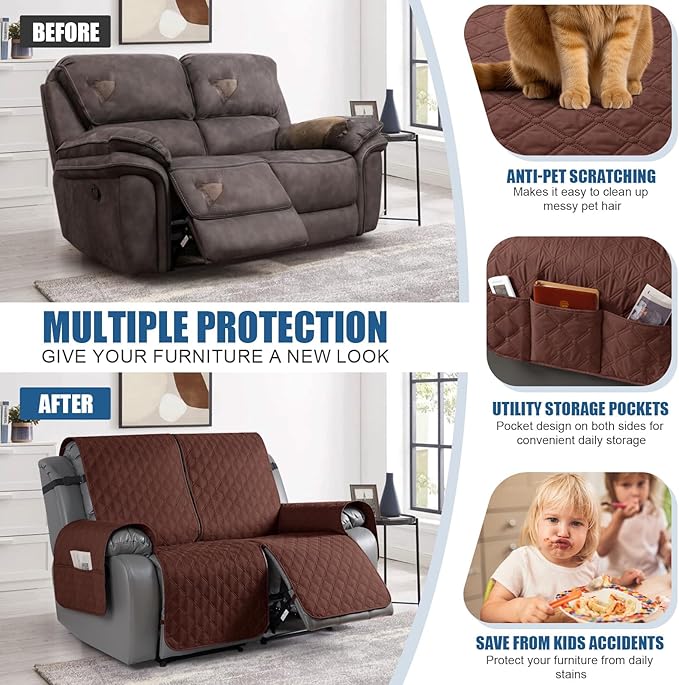 TAOCOCO 100% Waterproof Recliner Covers, Recliner Sofa Covers with Leg Straps, Reversible Recliner Couch Cover for Reclining Chair, Washable Couch Protector for Pets Kids(2 Seater, Coffee)