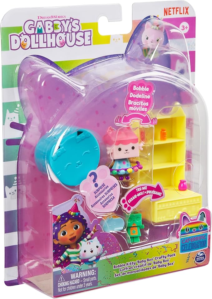 Gabby's Dollhouse, Celebration Series Baby Box Cat Bobble Figure with Dollhouse Furniture and Accessories 3 and