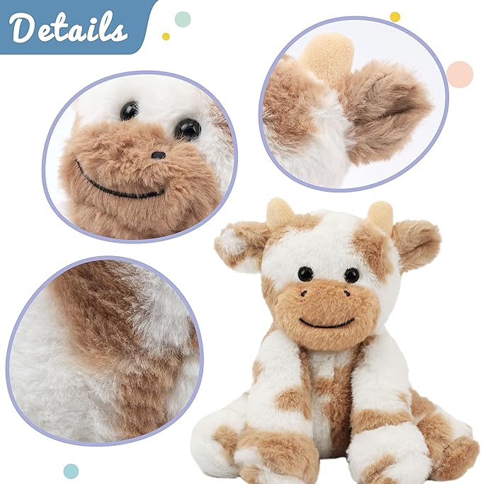 Hopearl Adorable Plush Cow Toy Floppy Dairy Cattle Soft Stuffed Animal Cute Birthday for Boys Girls Kids Toddlers, Light Brown 9''