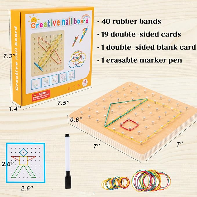 Wooden Mathematical Manipulative Material Array Block Geo Board Educational Toy with 30 Pattern Cards and 40 Rubber Bands to Create Figures Brain Teaser STEM Toy for 3 4 5 Year Old Kids and Toddlers