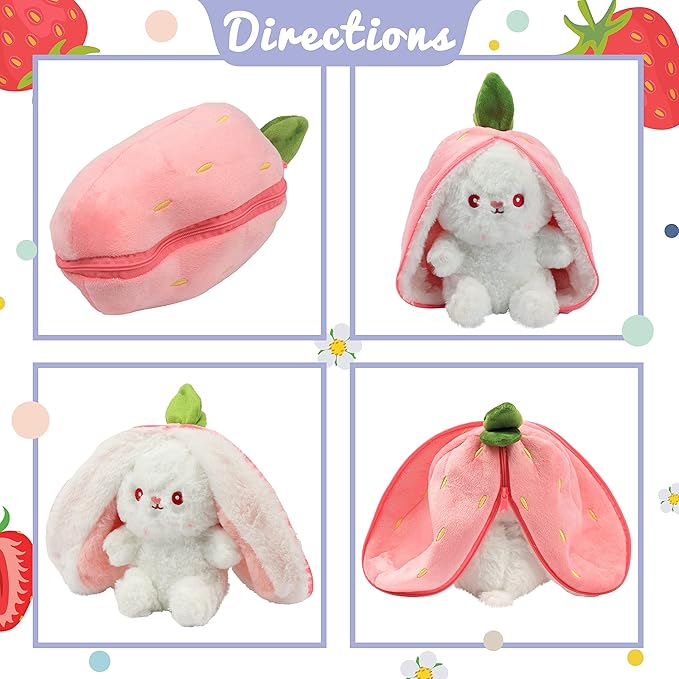 Hopearl Reversible Strawberry Floppy Ear Bunny Stuffed Animal with Zipper Adorable Magical Plush Toy Rabbit Soft Squishy Plushie Gifts for Kids Girls, Pink 10''