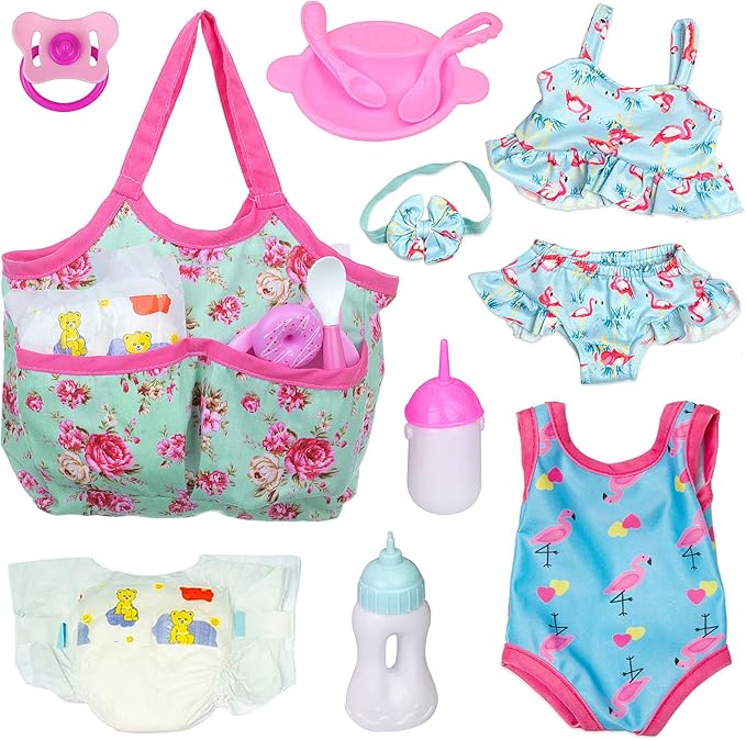 UNICORN ELEMENT 8 Pcs Baby Doll Clothes and Accessories, Baby Doll Feeding and Caring Set with Baby Doll Diaper Bag