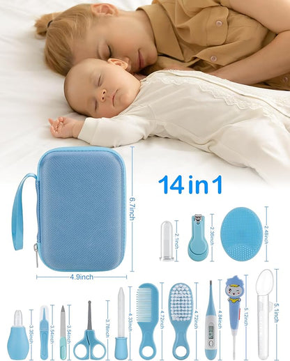 Baby Healthcare and Grooming Kit 15 in 1, Safe Baby Grooming Kit Newborn Girl Boy Essentials, Portable Baby Care Set Nursery Shower Gift for Infant Baby Registry Search, Blue