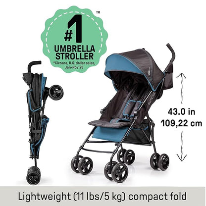 Summer by Ingenuity 3D Mini Convenience Stroller – Lightweight Stroller with Compact Fold, Multi-Position Recline, Canopy with Pop Out Sun Visor – Umbrella Stroller for Travel & More, Blue/Black