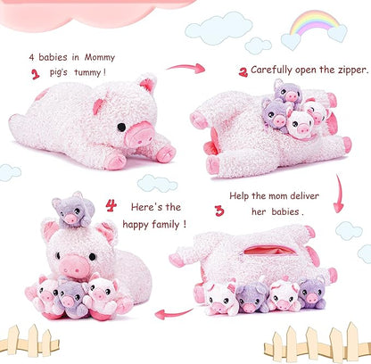 IKASA Mommy Pig Stuffed Animal Mom and Baby Plush Toy,Cute 16" Soft Small Fluffy Mama Family Set Toy with Little Mini Babies